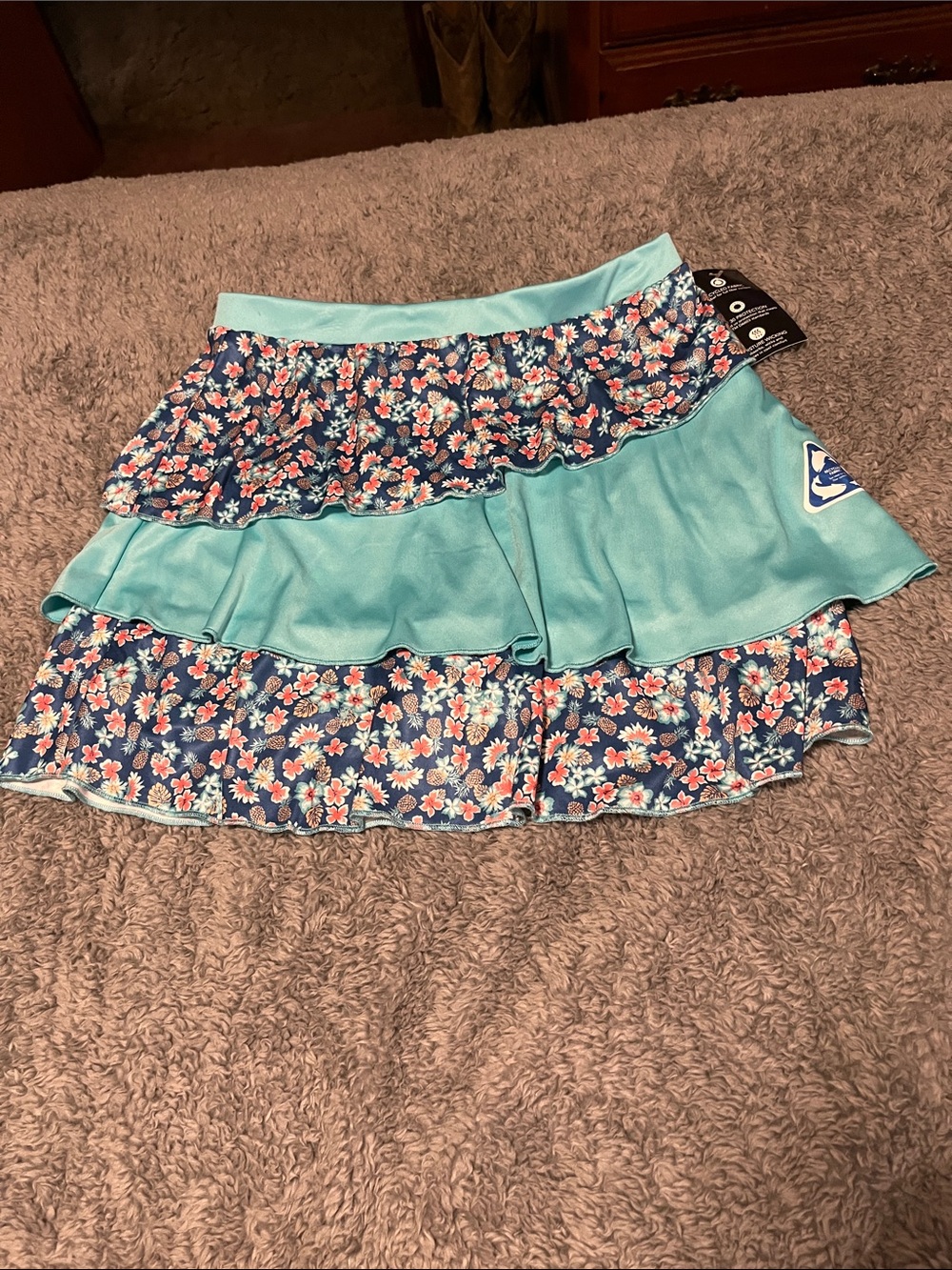 Ocean + Coast Aqua Tiered Floral Ruffle Mini Skort Swim Bottom Size Large NWT